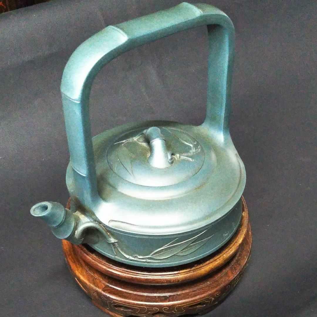 ※中国古美術/緑泥笹竹紋提梁壺/(底款:高健制)