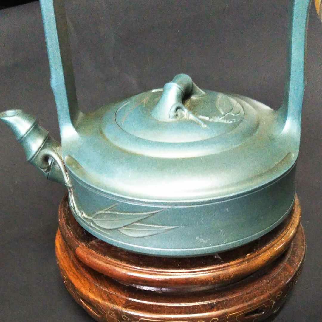 ※中国古美術/緑泥笹竹紋提梁壺/(底款:高健制)