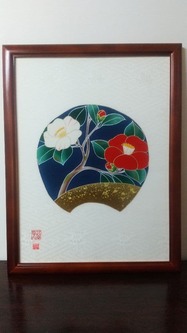 京都手描き友禅染め 「椿図」染め額 友禅職人一品物