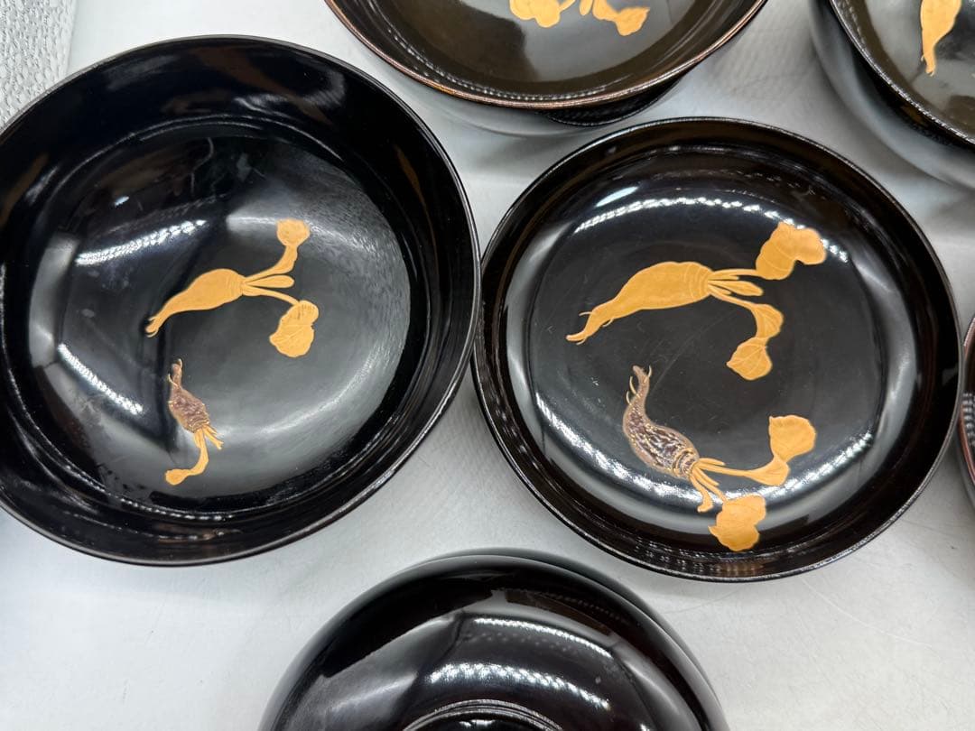時代　輪島塗　黒蒔絵　大根模様吸い物椀9点　木製　共箱260204