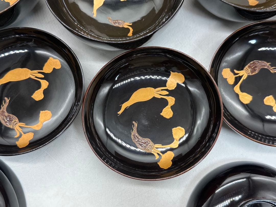 時代　輪島塗　黒蒔絵　大根模様吸い物椀9点　木製　共箱260204
