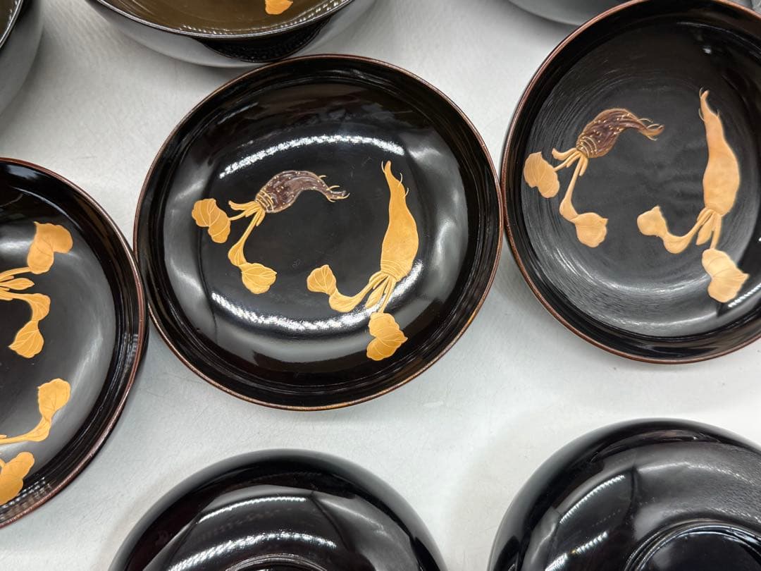 時代　輪島塗　黒蒔絵　大根模様吸い物椀9点　木製　共箱260204