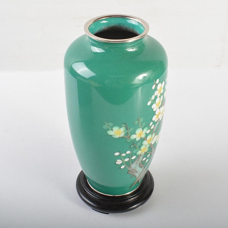七宝焼　翡翠色　花文　花瓶　唐木台・箱付　V　6415C