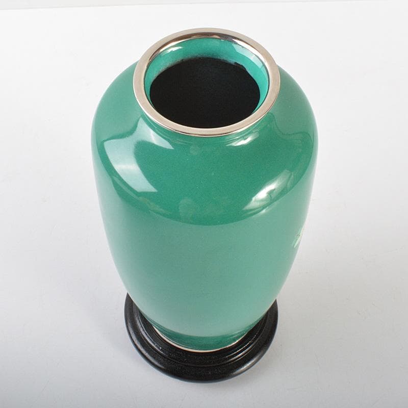 七宝焼　翡翠色　花文　花瓶　唐木台・箱付　V　6415C