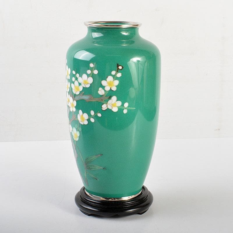 七宝焼　翡翠色　花文　花瓶　唐木台・箱付　V　6415C