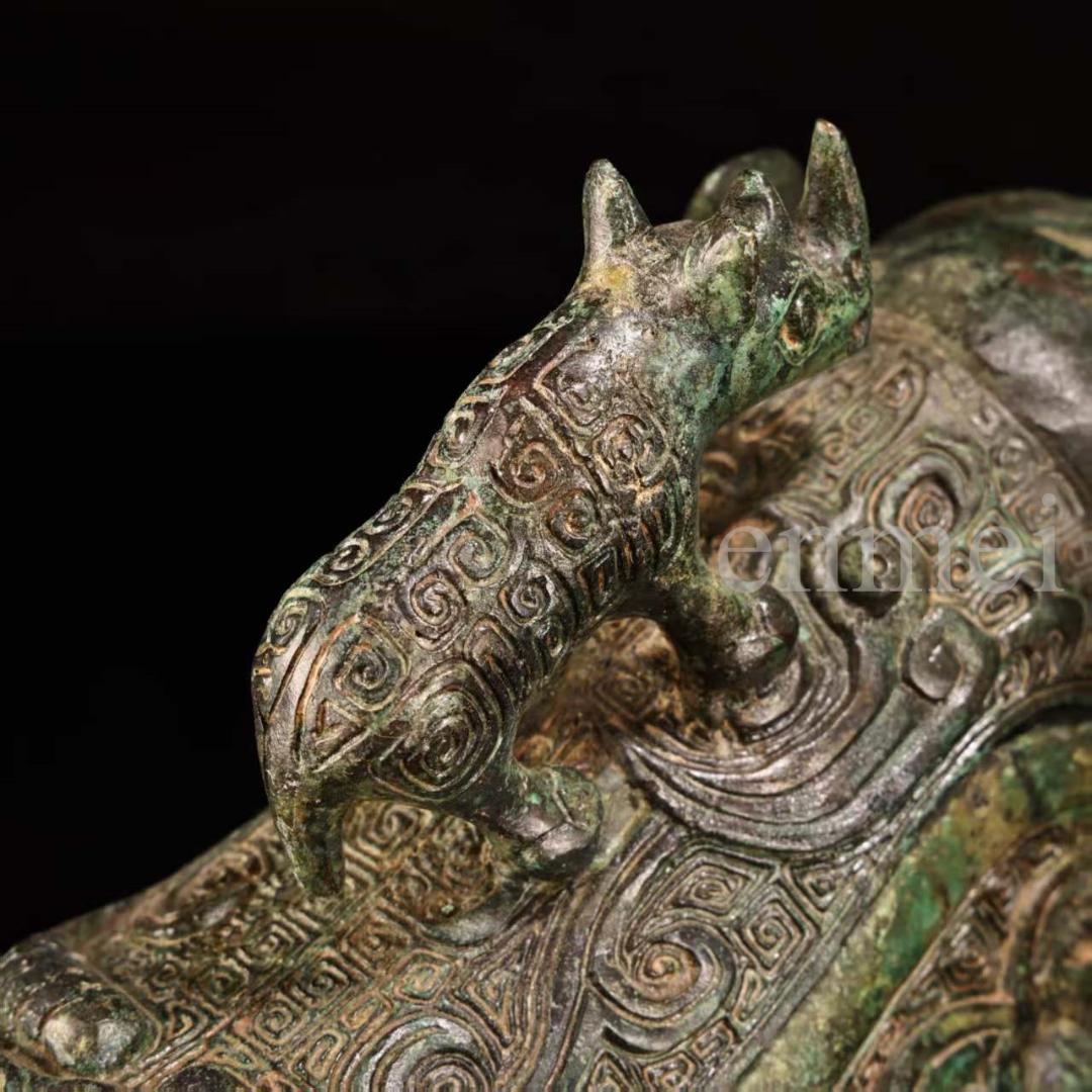 中国古美術・下鄕収集・青銅製牛觥・サイ・鏨刻高浮彫・純銅製・置物・風水開運・酒具