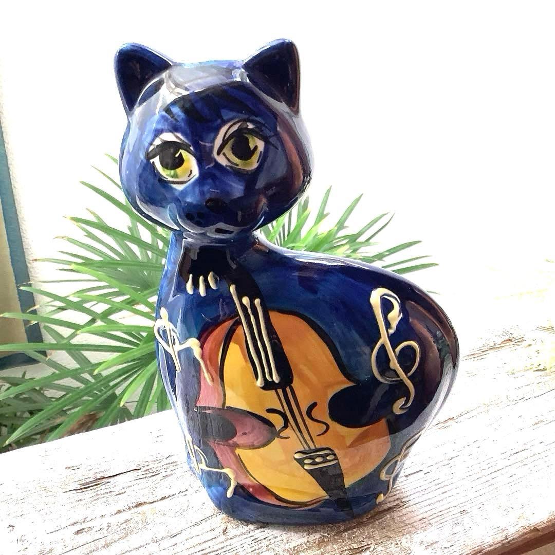 アナトリー・トウロフ作『楽器を奏でる猫』手描き陶器　オブジェ