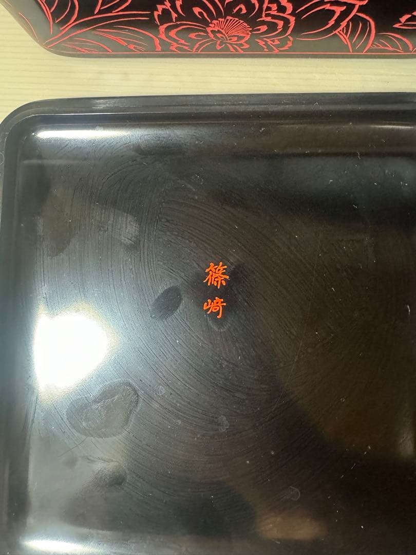 2546 越前塗　骨董　三段重箱 漆 漆器 泥朱 牡丹彫