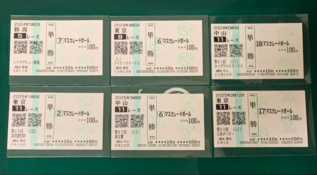 マスカレードボール　メイクデビュー〜日本ダービー　現地購入記念馬券　６枚セット