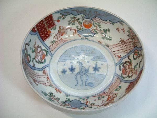 鉢■古い伊万里赤絵大鉢 窓犬紋 獅子 人物 唐草 鳥 骨董(江戸後期～明治期)■