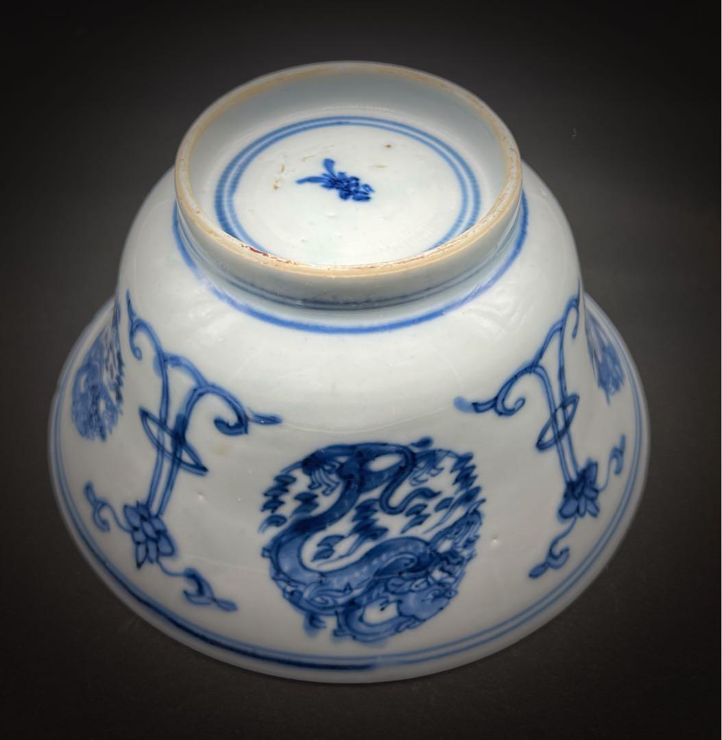 中国美術 古玩 清 康熙 梵文團龍紋青花大碗