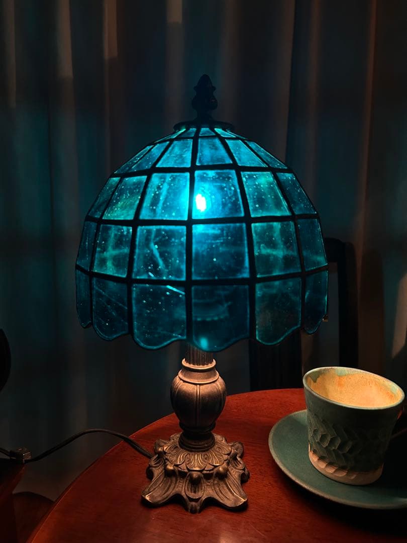 青いステンドグラス　ヴィンテージ テーブルランプ 昭和レトロ
