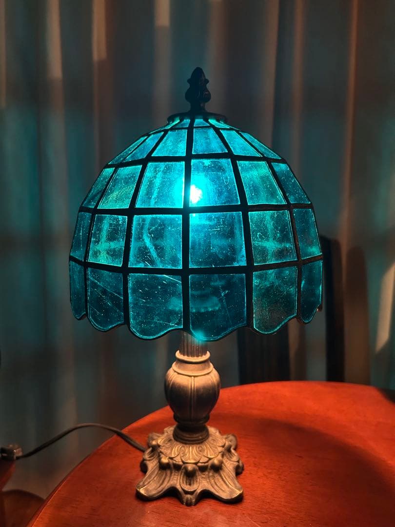 青いステンドグラス　ヴィンテージ テーブルランプ 昭和レトロ