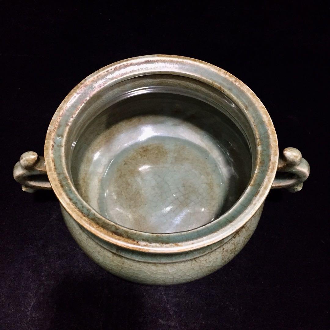 文房具　雙耳香爐 宋時代　汝窯 陶器　冰裂纹 貫入