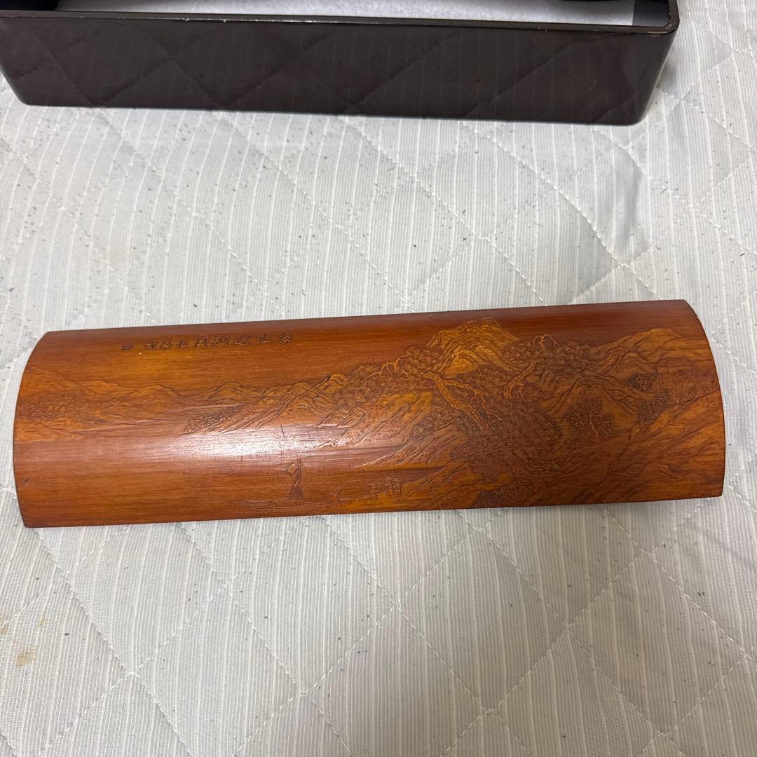 中国古美術 扇子 在銘 文房具　煎茶道具　茶合　山水人物彫　竹茶合 詩文彫