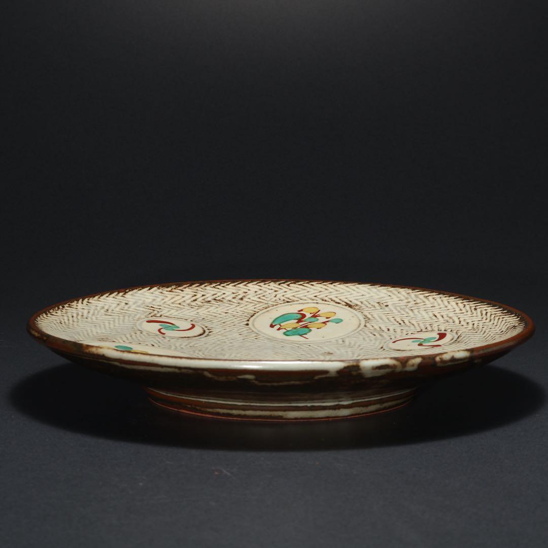 人間国宝　島岡達三　象嵌赤絵草花皿∅24　共箱　縄文象嵌　R1633ラ3