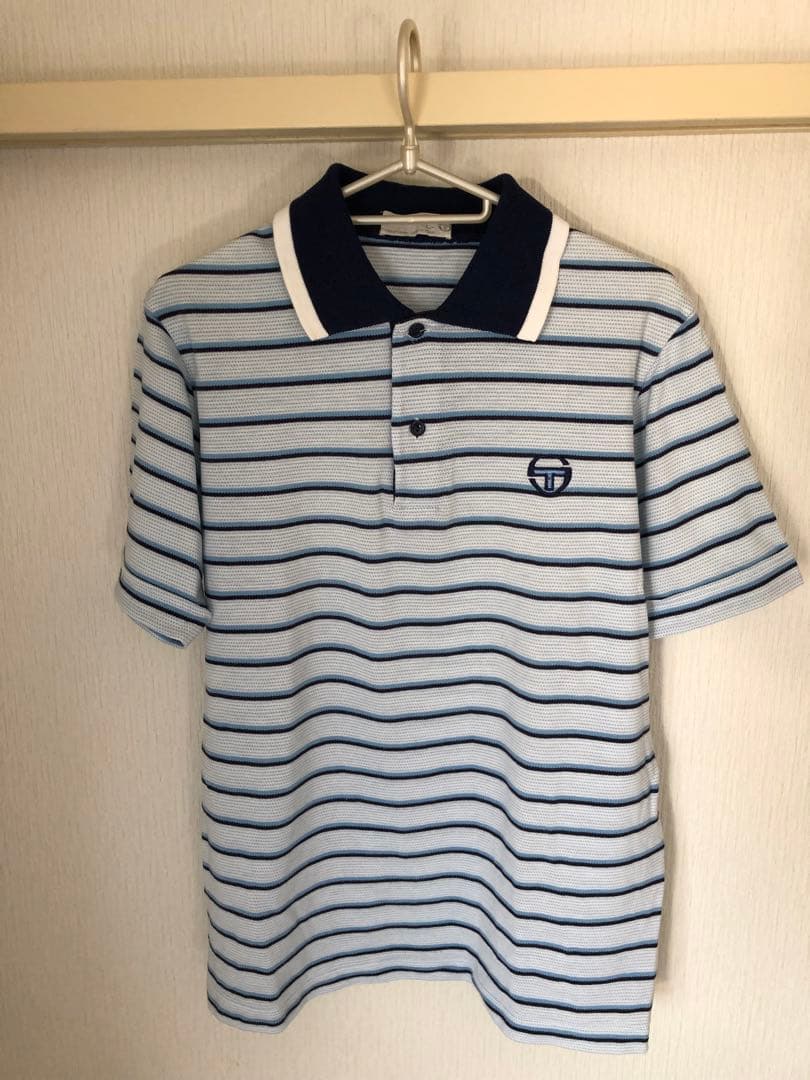 Sergio Tacchini ポロシャツ L 青系ストライプ