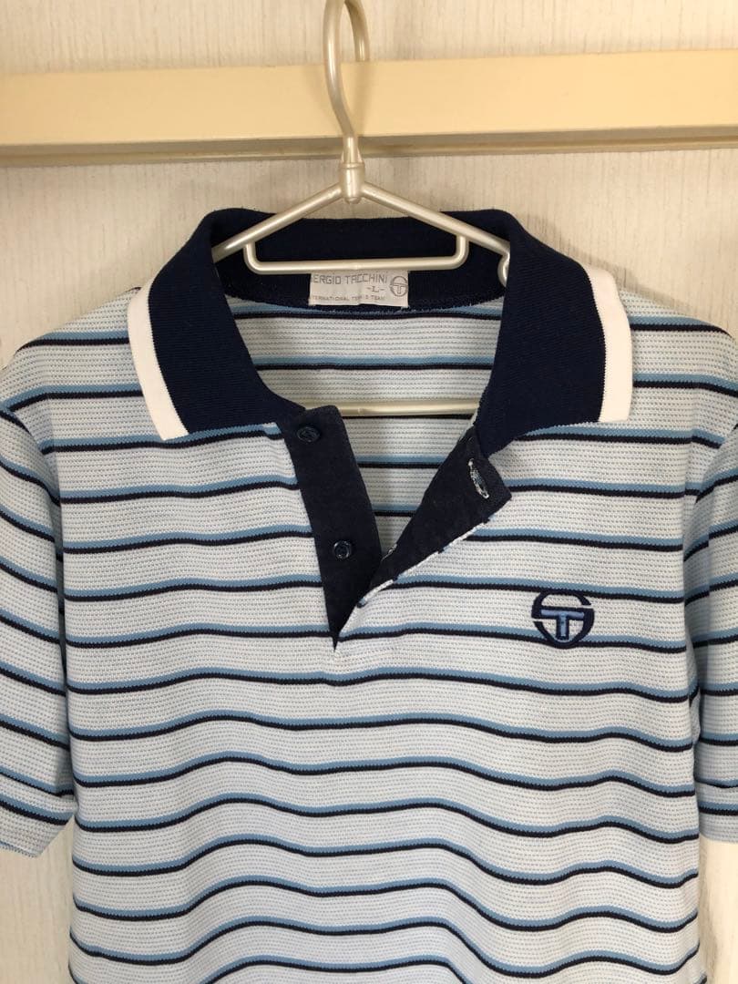 Sergio Tacchini ポロシャツ L 青系ストライプ