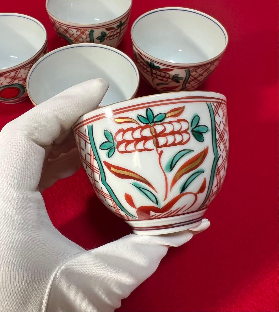 京焼 清水焼 薄胎 赤絵貼金 汲出碗揃五客 陵泉造　茶道具