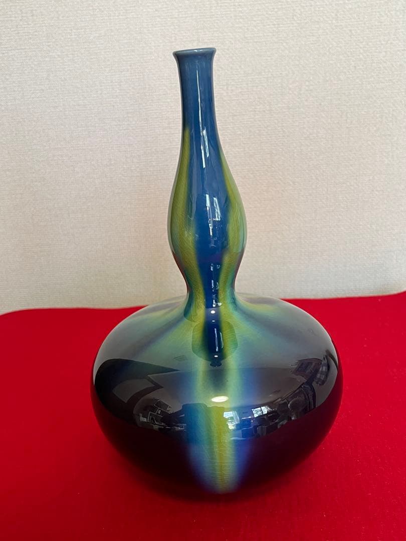 三代 人間国宝 徳田八十吉（正彦銘）碧明釉 瓢型 花生 約24㎝ T288