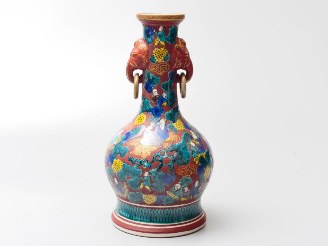 青木木米作 九谷焼 色絵金彩松賢人図 象双耳遊環花瓶 高さ23.5cm