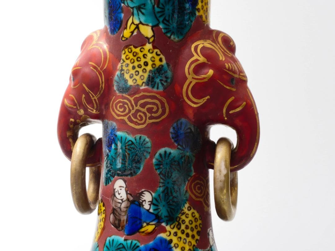 青木木米作 九谷焼 色絵金彩松賢人図 象双耳遊環花瓶 高さ23.5cm