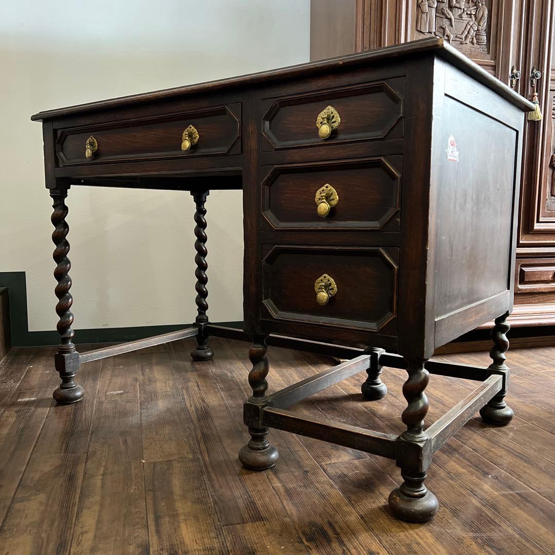 k232r124 イギリス アンティークデスク 革張り ツイストレッグ オーク材