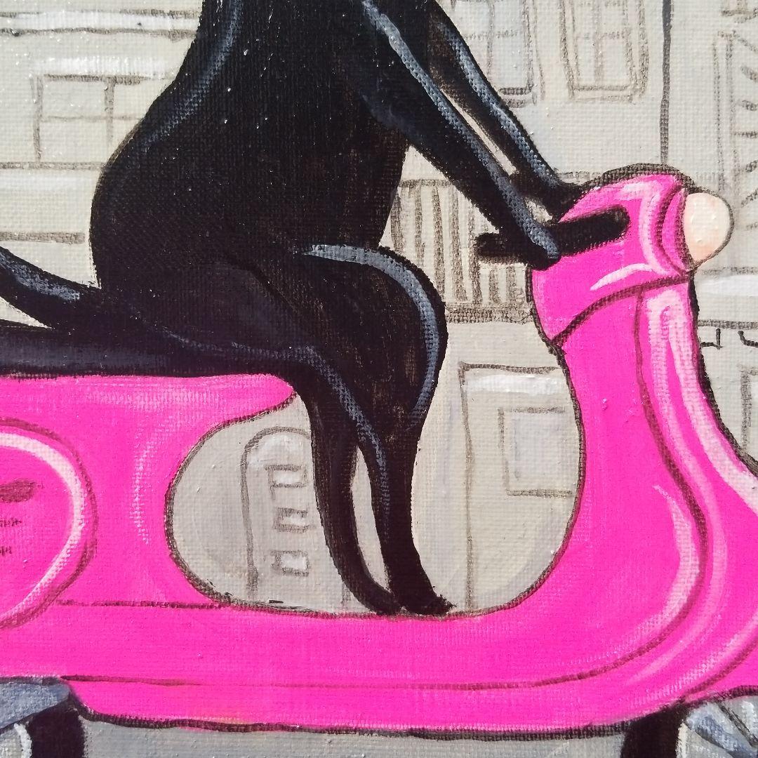 油絵　 専用　スクーターに乗る黒猫