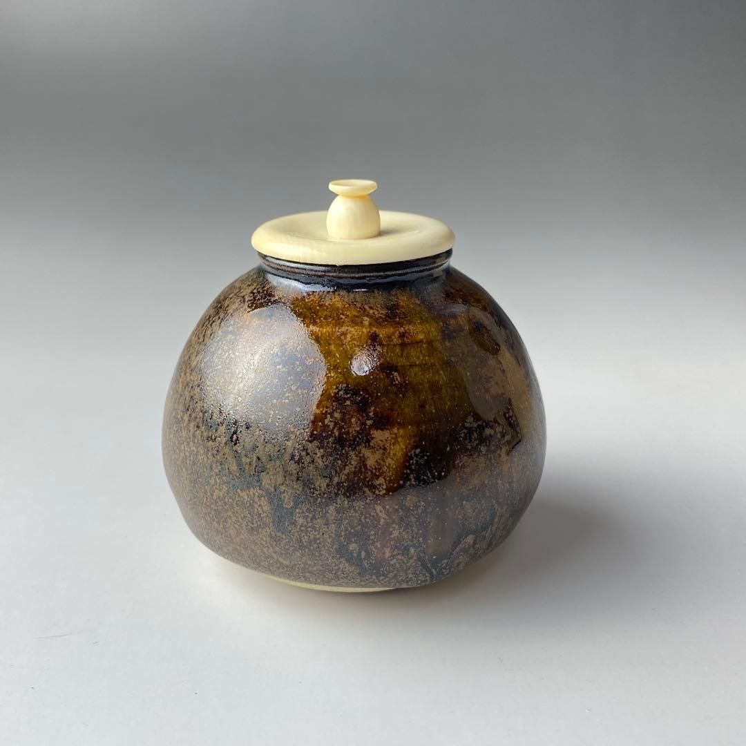 尾州 藤原木二 文琳茶入 織部緞子仕覆 共箱 茶道具