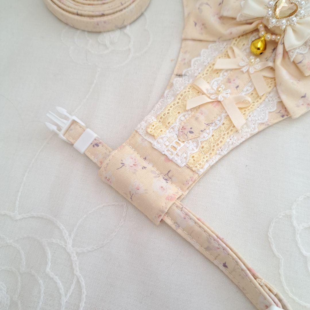 胸当てタイプハーネス(クリームローズ)&リードセット、わんちゃん猫ちゃん用