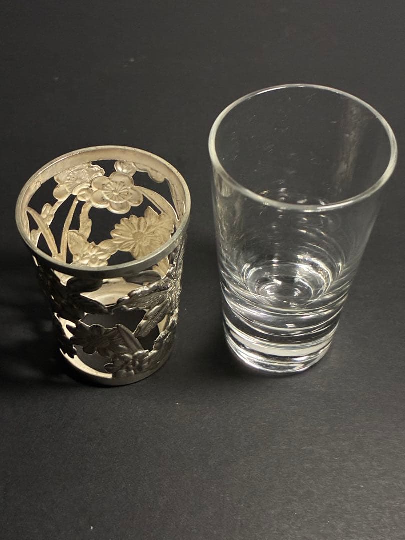 銀製 刻印有 銀被せ 透かし グラスカップ｜純銀装飾 約12g｜アンティーク酒器