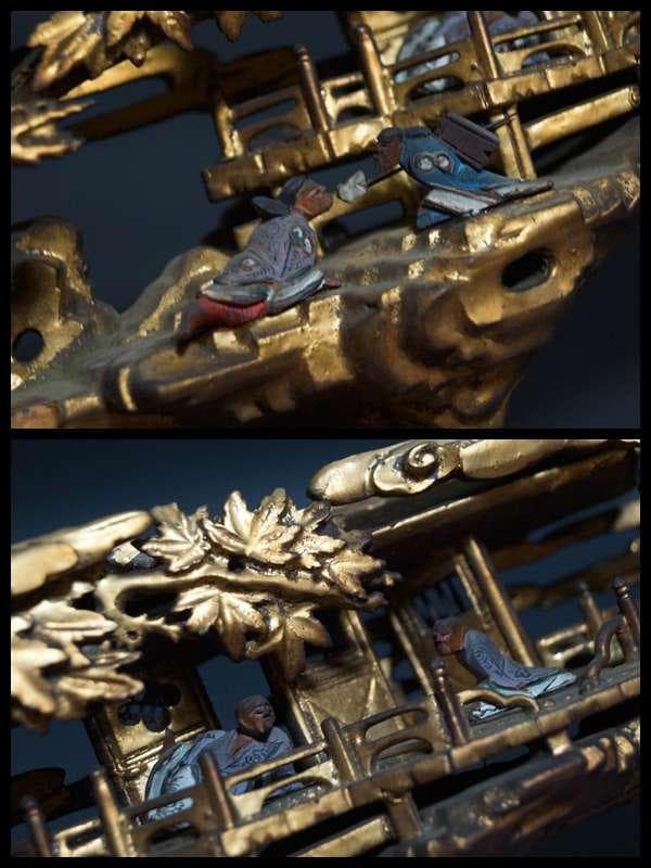 江戸末期一刀彫り高浮彫『人物風景図』 木造彩漆金箔張る 弓欄間 欄間飾り仏教美術