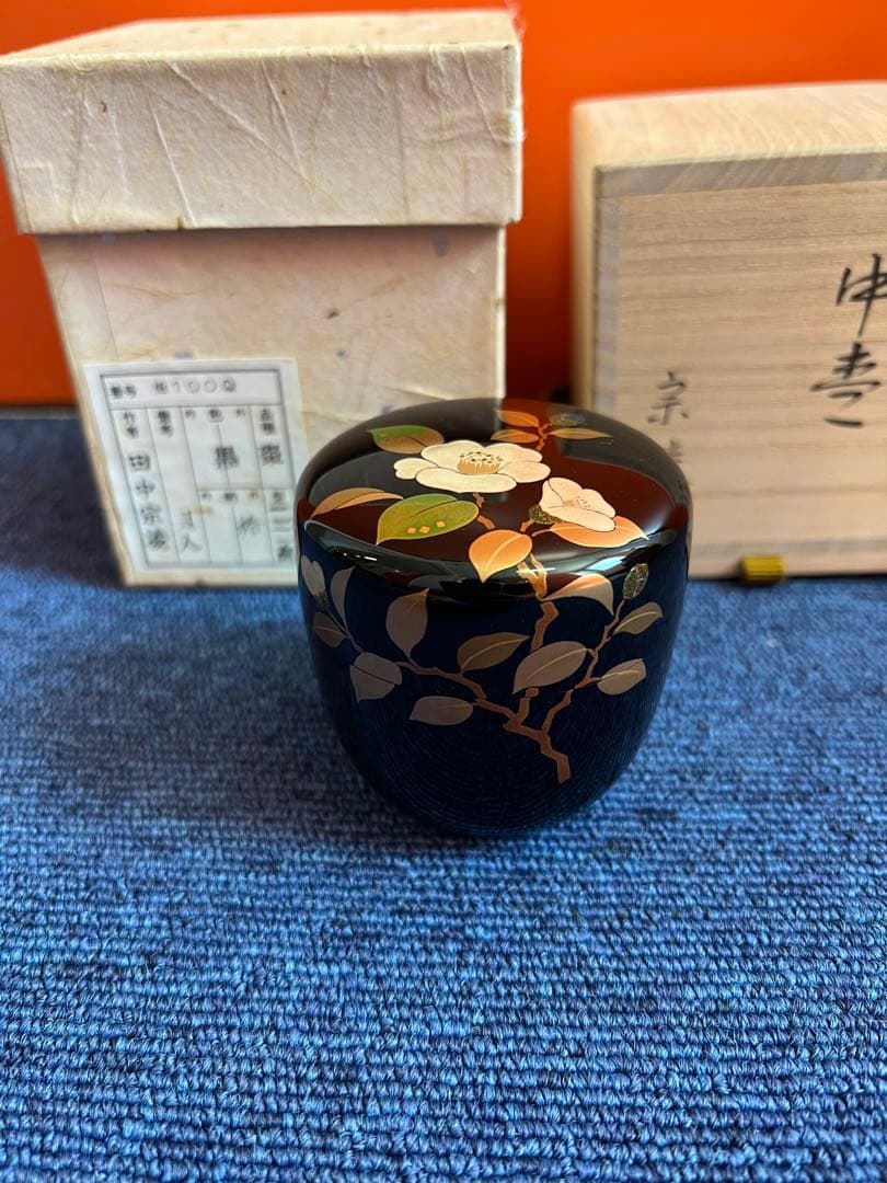 992 茶道具　加賀蒔絵師　田中宗凌　椿　蒔絵　中棗　金彩　未使用