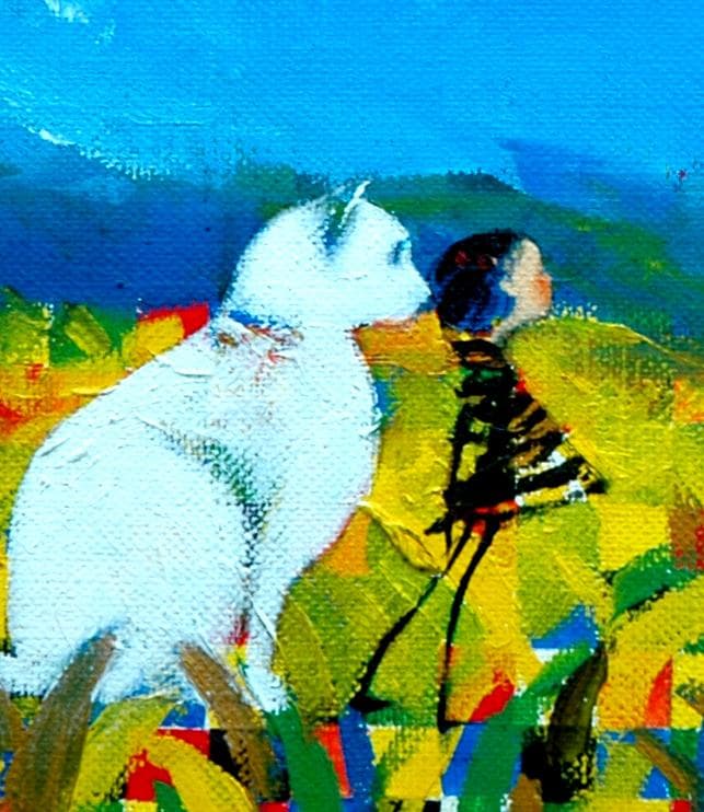 油絵 菅家令子 絵 絵画 インテリア F4-072119 子犬(子猫)と女の子