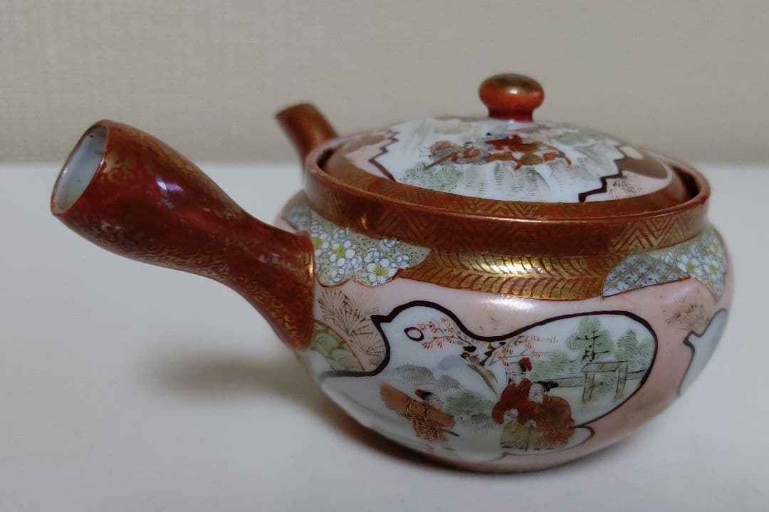 九谷焼 煎茶揃え 7点 茶器 茶道具 赤 ピンク 金 アンティーク