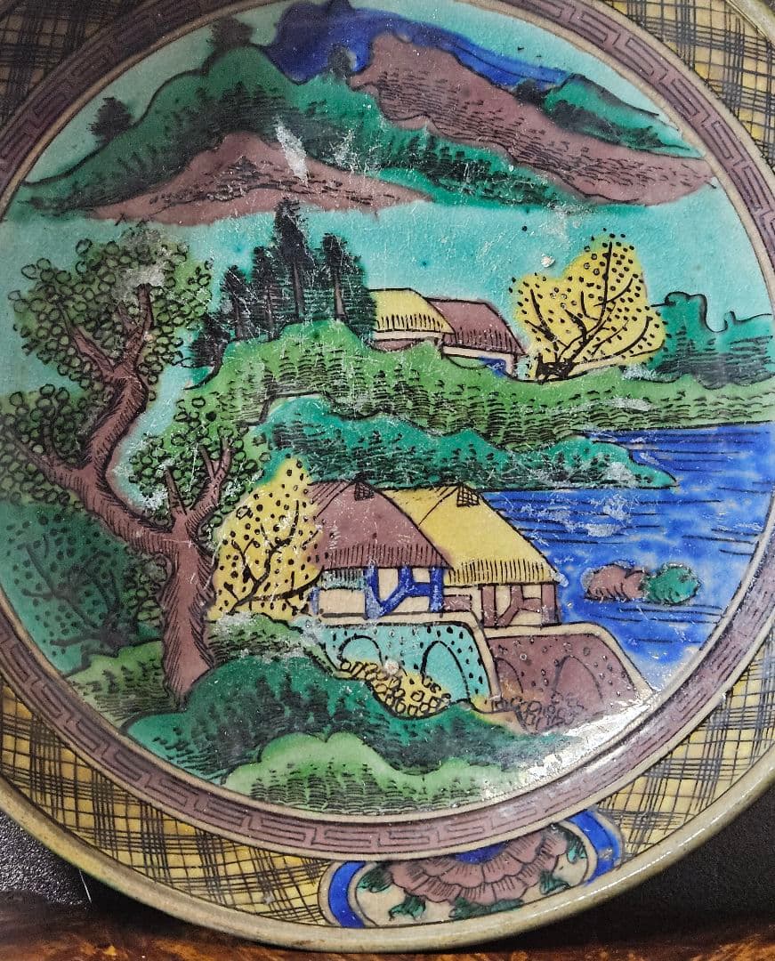 【本物保証❗】江戸時代後期　古九谷　再興九谷　青手九谷　山水図　21.2cm深皿