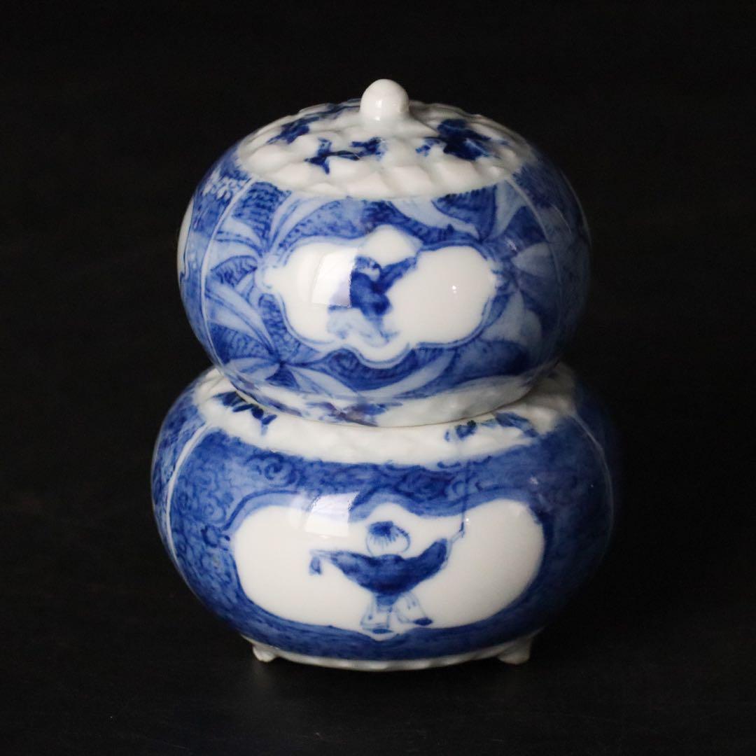 二代 清風与平 染付 唐子図香合 共箱 茶道具