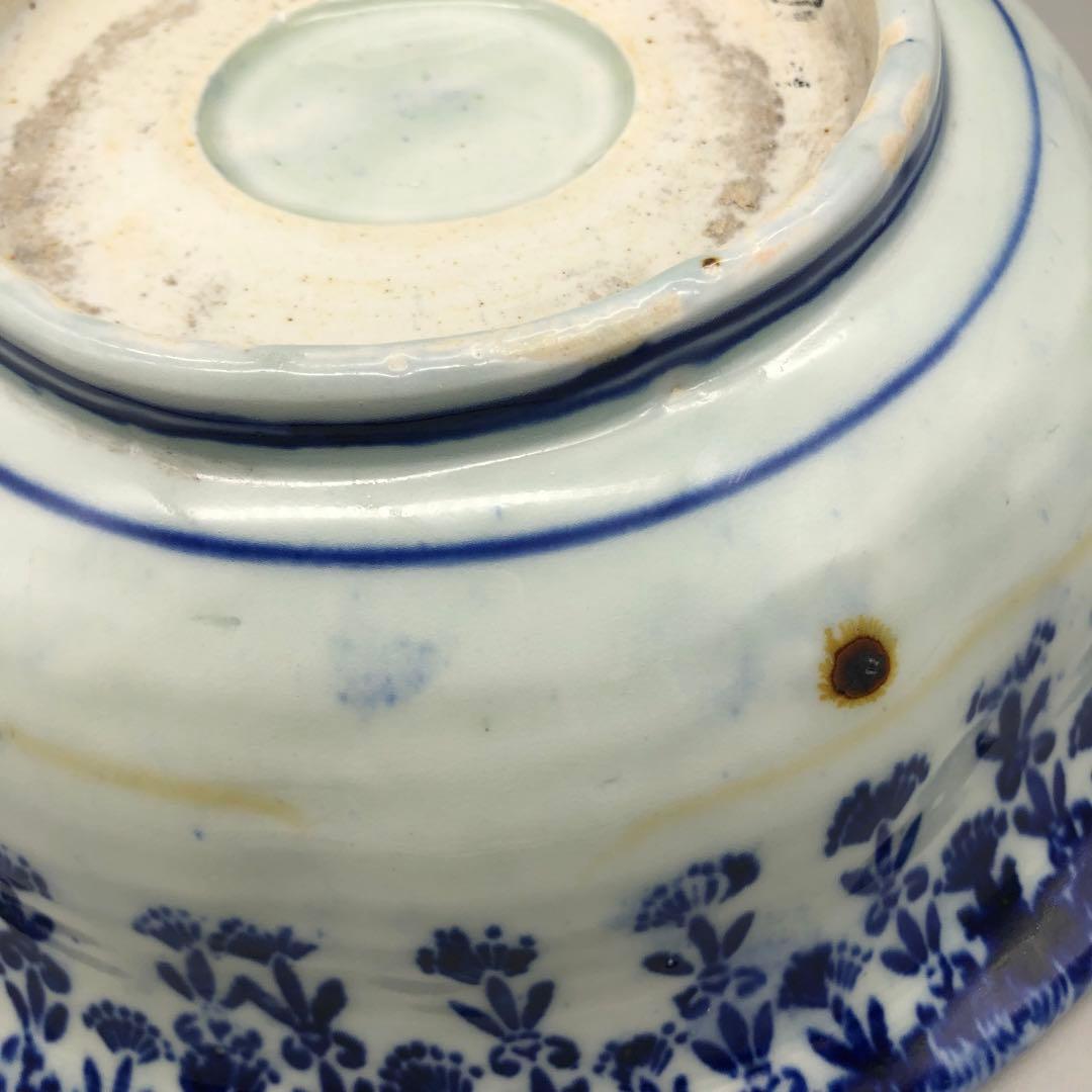 明治時代古伊万里渦巻き花微塵唐草文様ベロ藍印判手鉢ボウル26cm伊万里焼骨董品