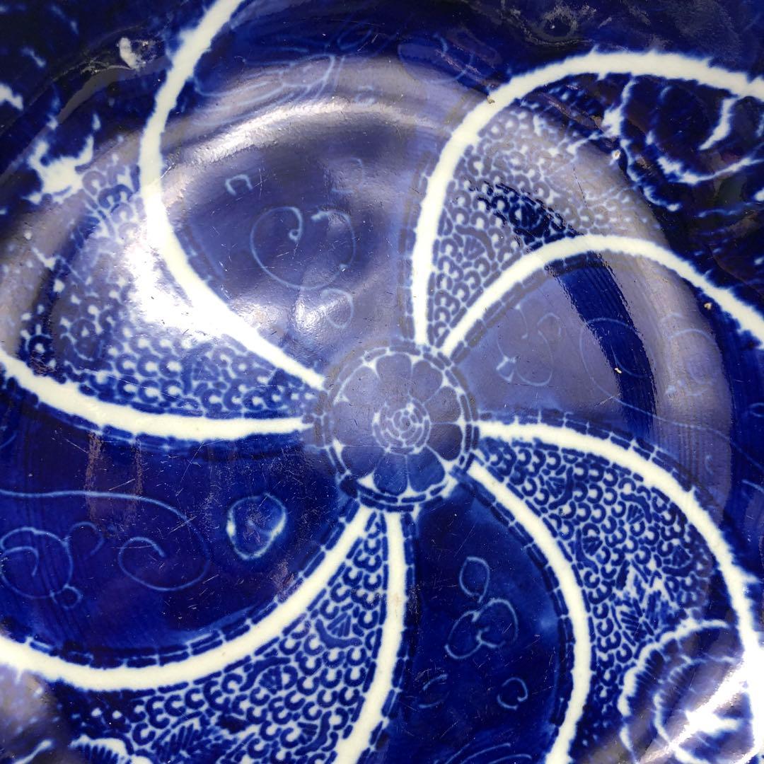 明治時代古伊万里渦巻き花微塵唐草文様ベロ藍印判手鉢ボウル26cm伊万里焼骨董品