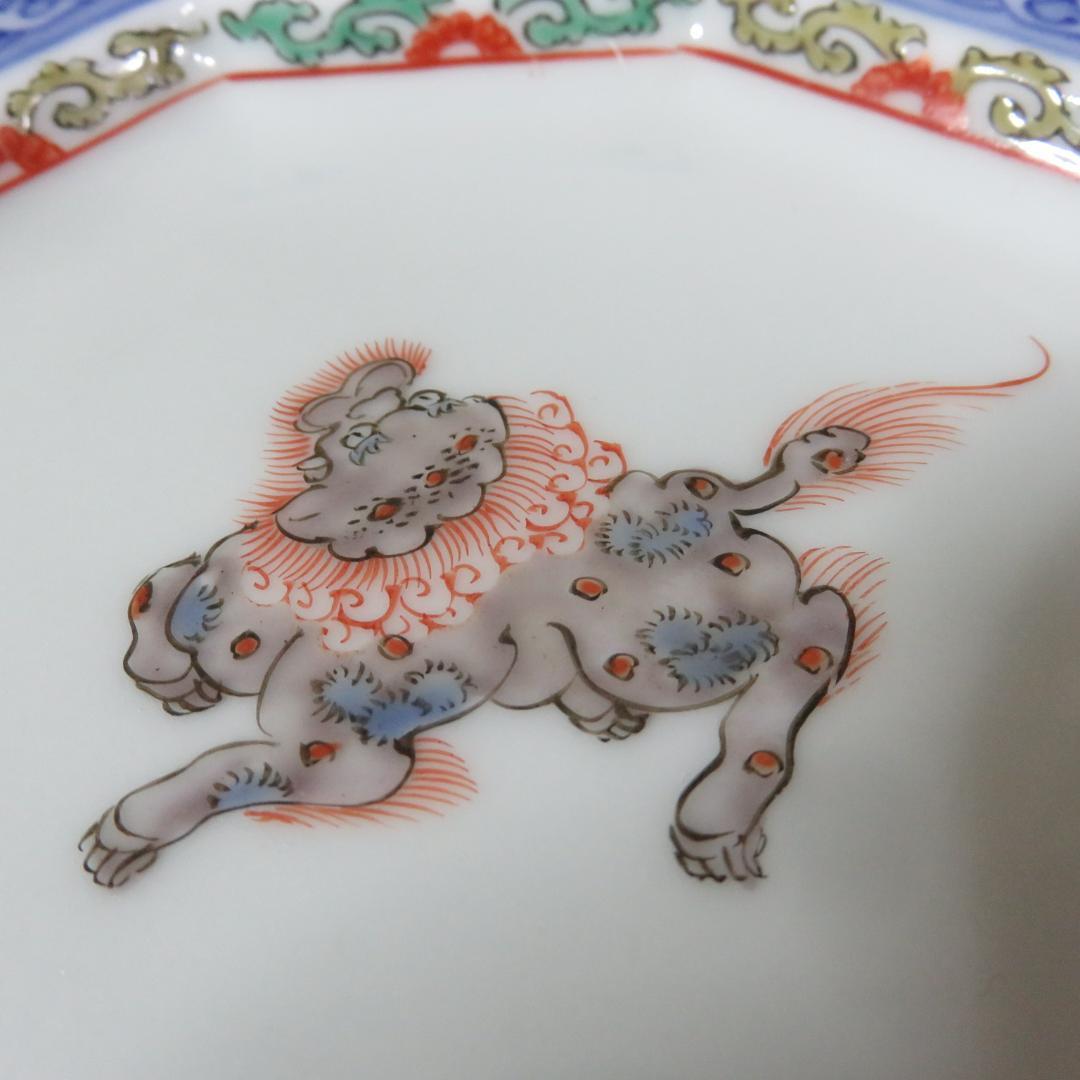 八角皿 伊万里 古代唐獅子 五寸皿 2枚 明治 大正 希少 美品 極上