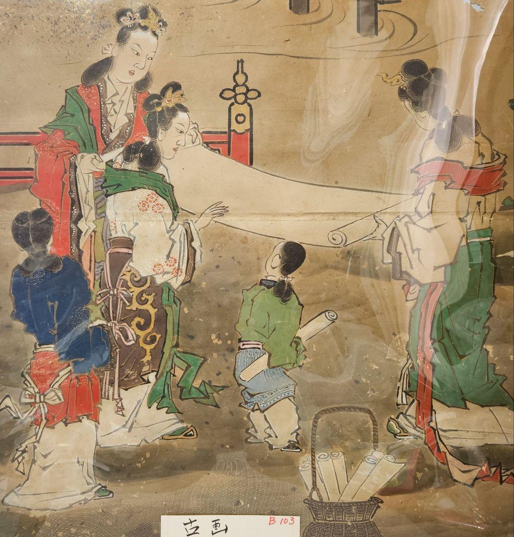 中国古美術　中国古画　紙本肉筆　金彩色絵　人物画　宮中の図　作者不明　簡易額装2