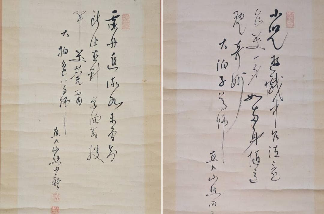 【真作】掛軸　田能村直入　二幅対　文人画人物図　詩文賛あり　共箱入　R101