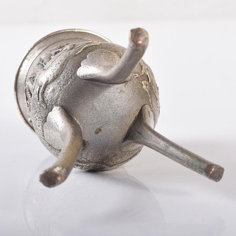 中国　白銅　龍神獣刻　純銀火屋約18g付　三つ足香炉　U　R8073