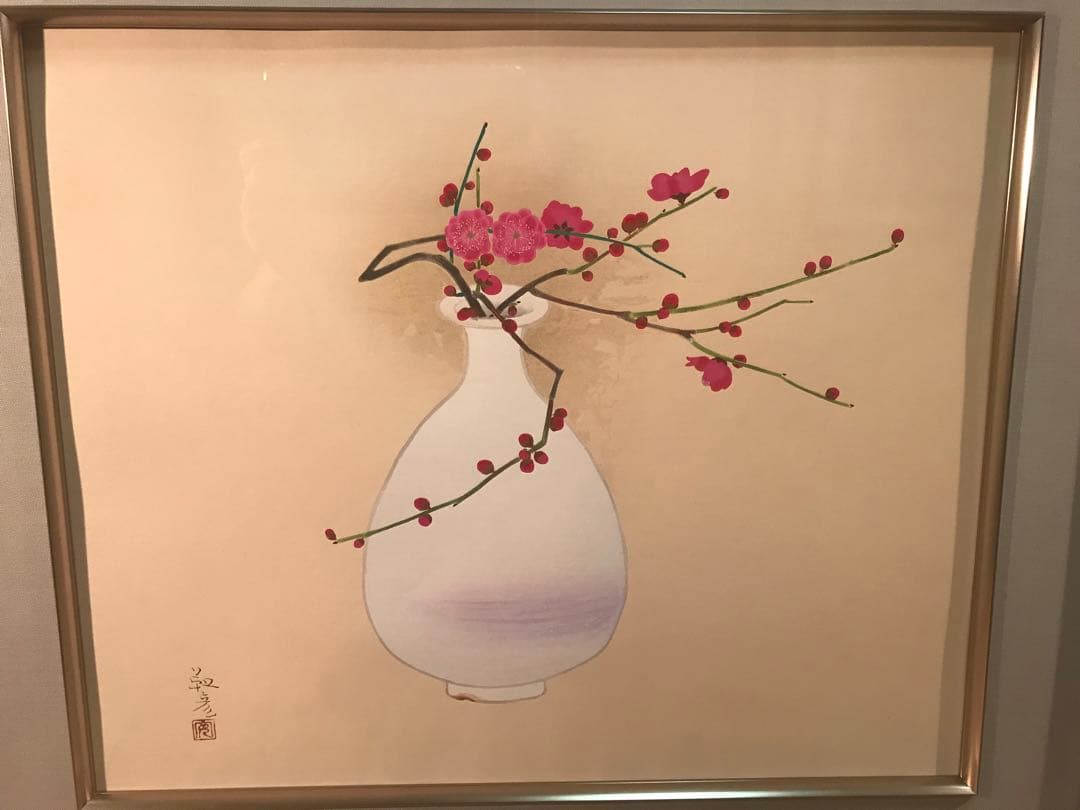 安田靫彦「紅花白瓶」木版画　刷り込みサイン・落款・作品証明シール・作品証明書有り