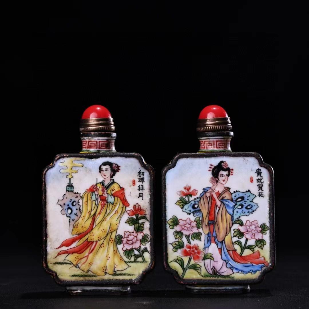 中国古美術・旧藏純銅製景泰藍四大美女の鼻煙壺・純手描き・七宝烧 ・純銅製・置物