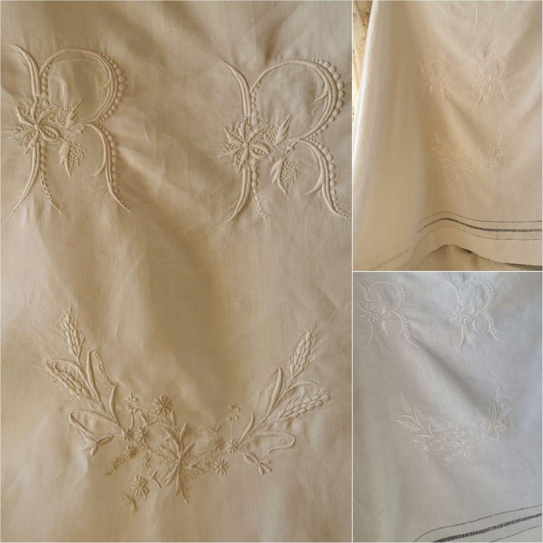 アンティークフランス 美しい花文字 イニシャル刺繍 ドローンワーク横長麻カーテン