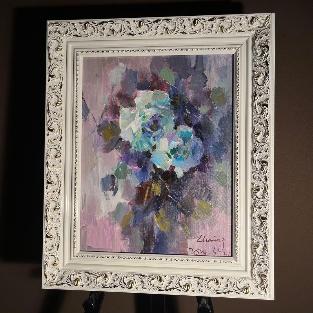 ★秀作★手書き油絵 花瓶の花 額付 絵画 インテリア 油彩画