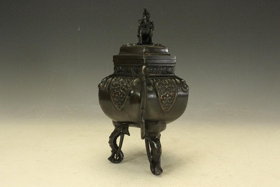 銅製 六角 象足 獅子蓋 香炉 未使用 共箱(LC790)