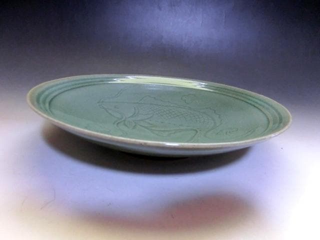 菓子鉢■釜谷陶房 申相浩 魚紋青磁大皿 高麗青磁 共箱 古美術 時代物 骨董品■