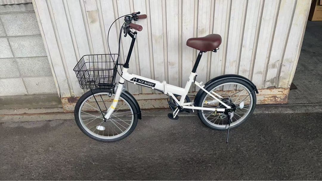 ホワイト　20インチ 折りたたみ 自転車 シマノ 6段変速 鍵 カゴ